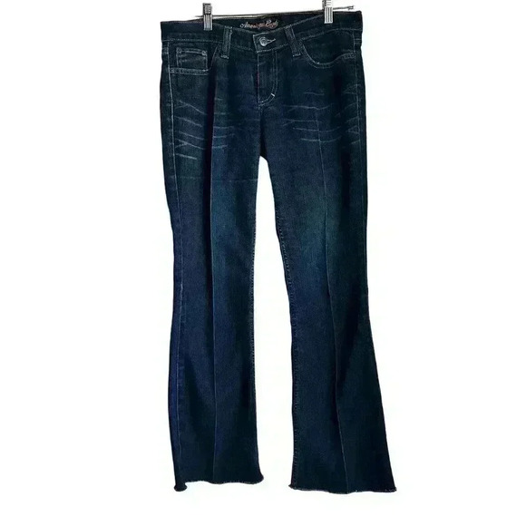 Vintage American Eagle Stretch Skinny Flare Size 4 Blue Denim Raw Hem - Picture 1 of 8